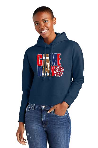 Person wearing a navy hoodie with 'GAMEDAY' graphic on a white background. Paper Street Print Co, Blairstown, NJ.