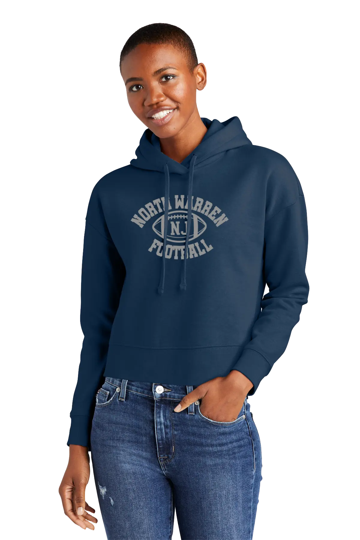 Person wearing a navy blue hoodie with 'North Warren Football' text on a white background. Paper Street Print Co, Blairstown, NJ.