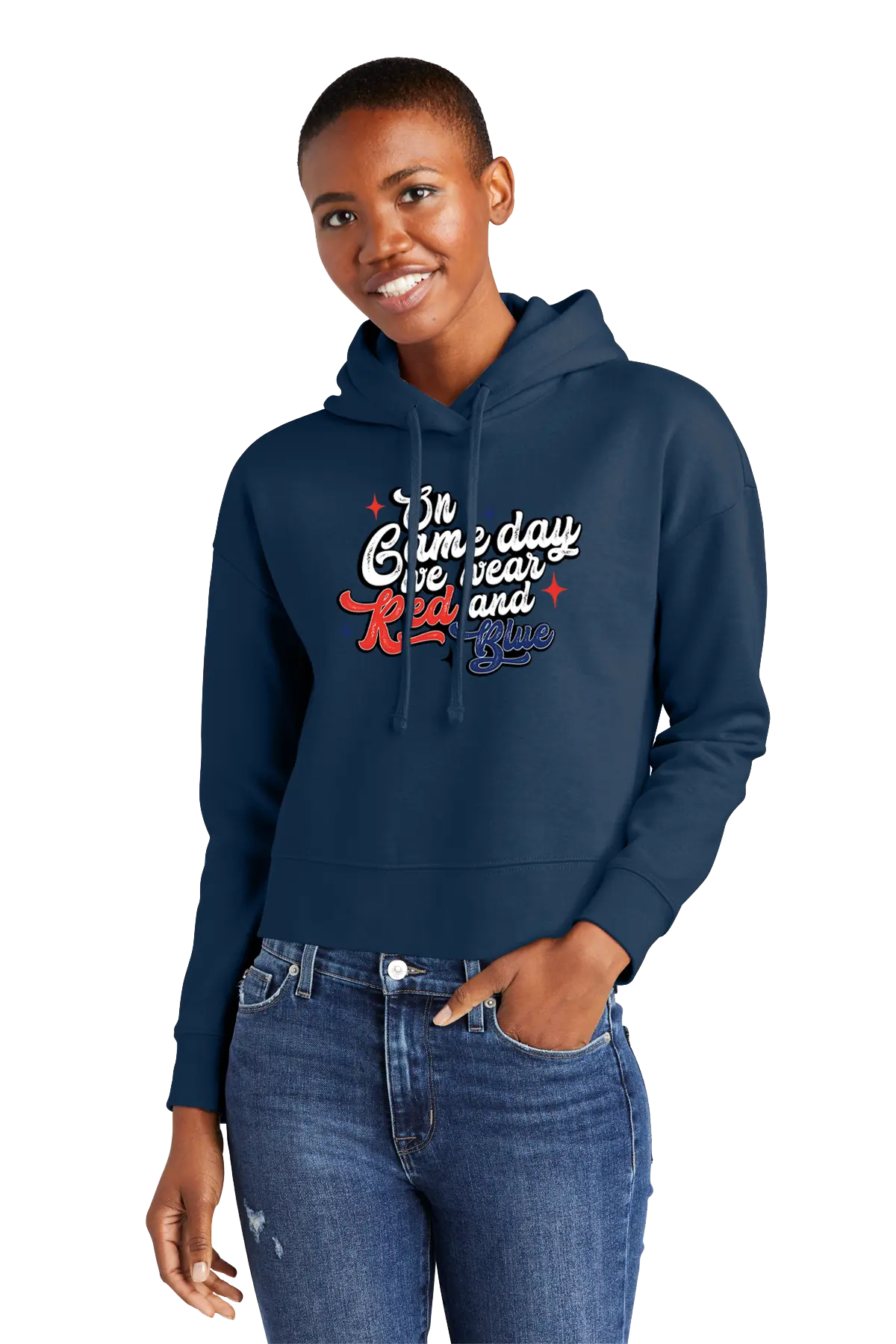 Person wearing a navy hoodie with text and jeans on a white background. Paper Street Print Co, Blairstown, NJ.