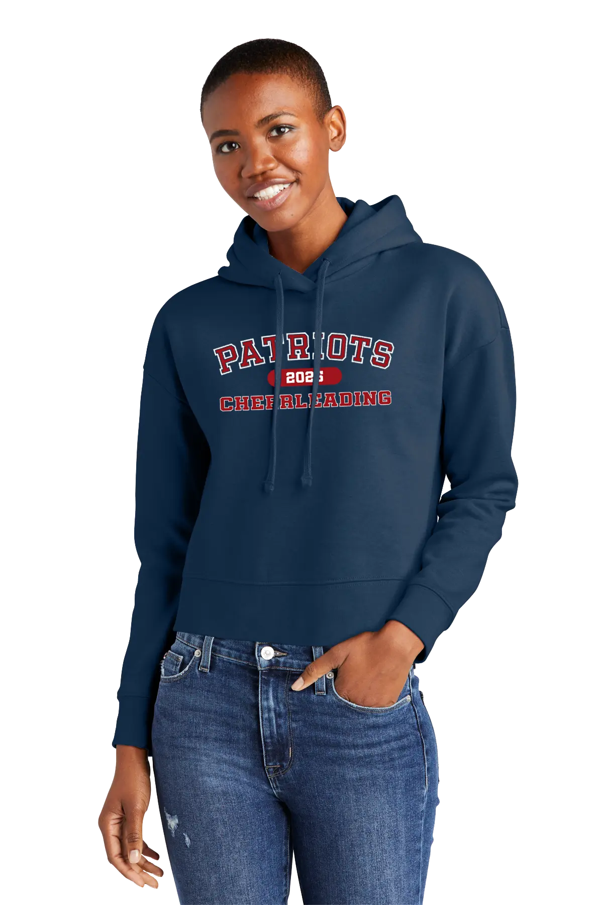 Person wearing a navy hoodie with 'Patriots' text on a white background. Paper Street Print Co, Blairstown, NJ. 