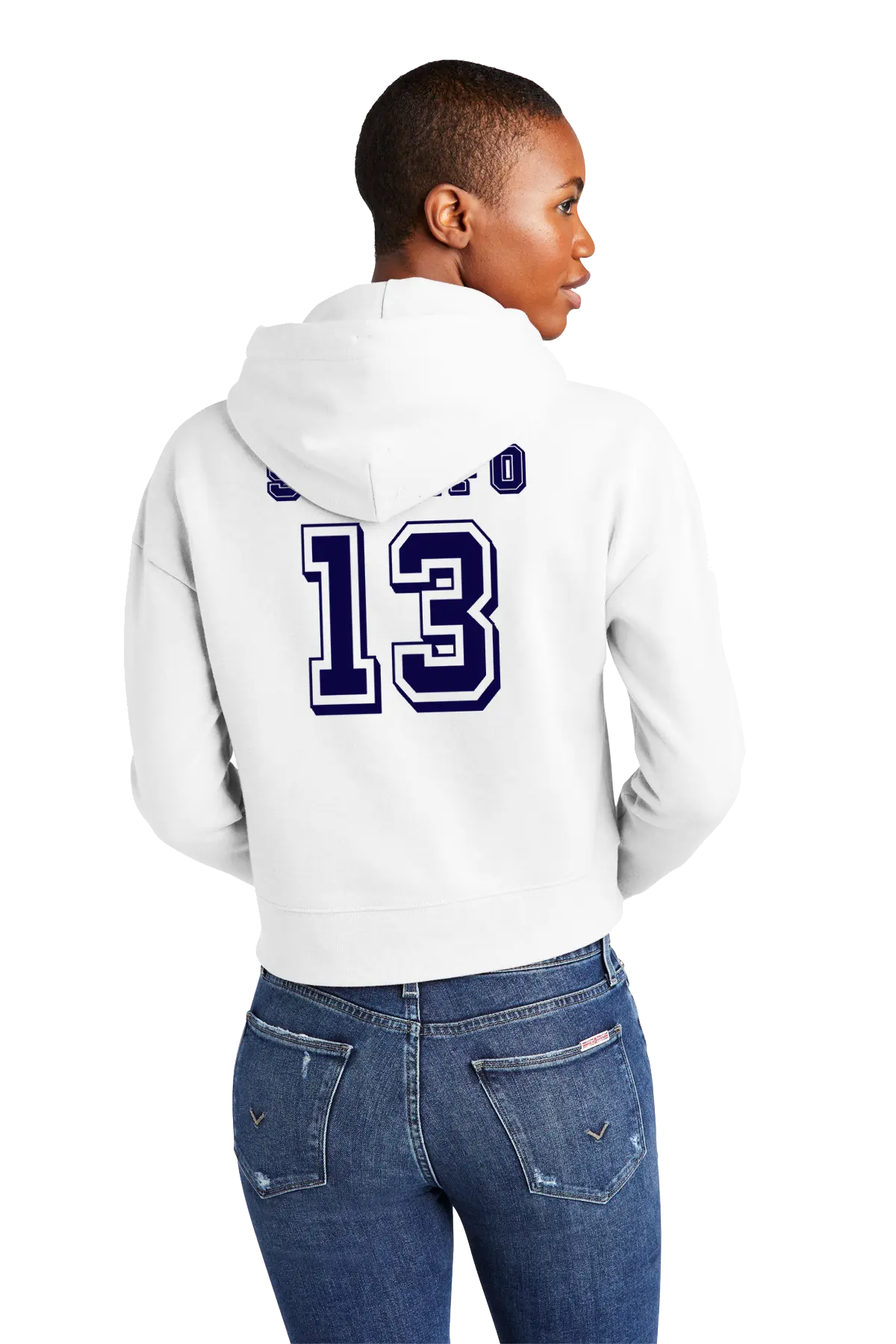 Person wearing a white hoodie with blue text and numbers on the back, standing against a white background. Paper Street Print Co, Blairstown, NJ.