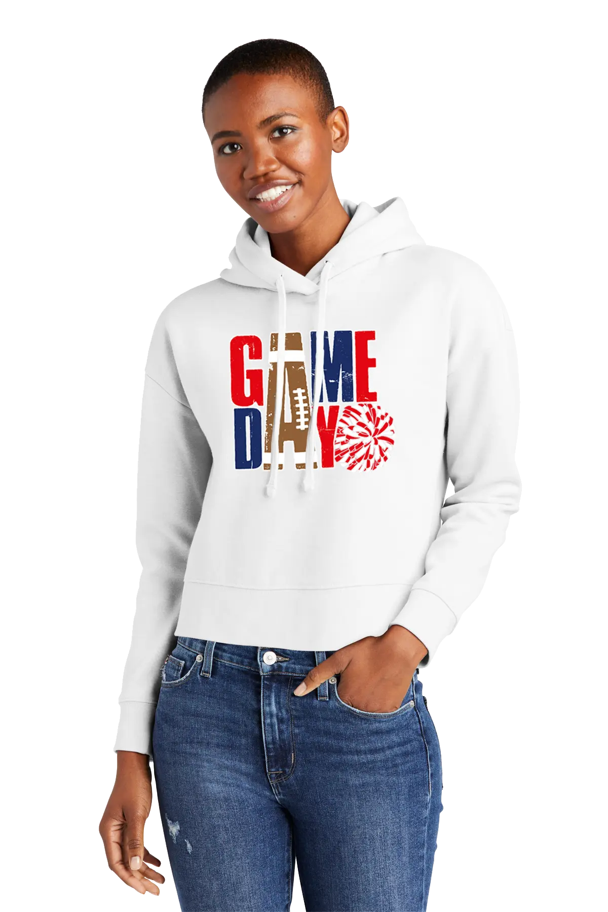 Person wearing a white hoodie with 'GAMEDAY' print, standing against a white background. Paper Street Print Co, Blairstown, NJ.