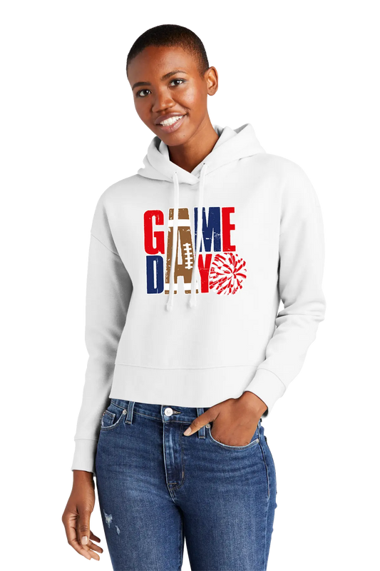 Person wearing a white hoodie with 'GAMEDAY' print, standing against a white background. Paper Street Print Co, Blairstown, NJ.
