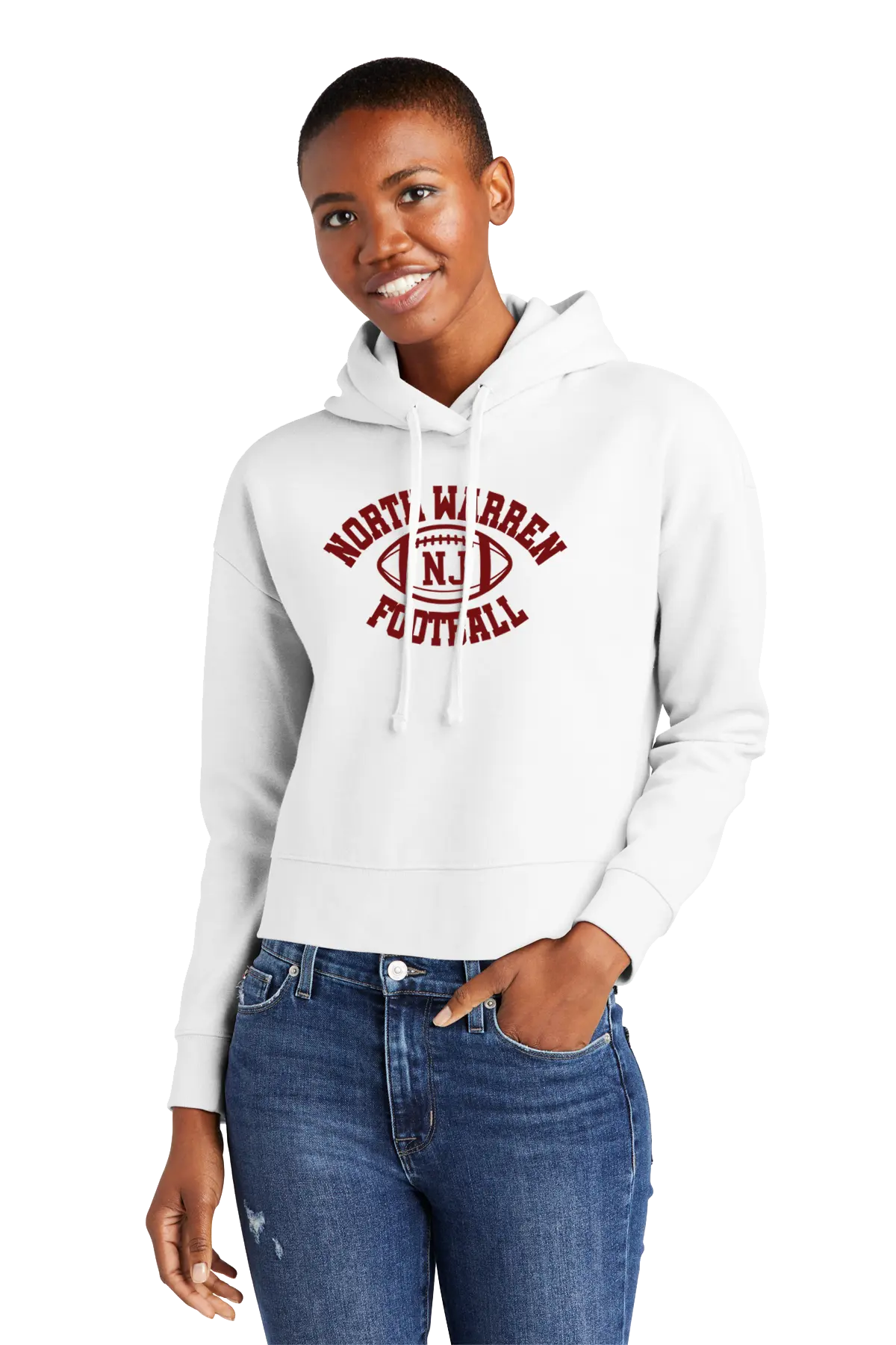 Woman wearing a white hoodie with 'Norty Warren Football' text, standing against a white background. Paper Street Print Co, Blairstown, NJ.