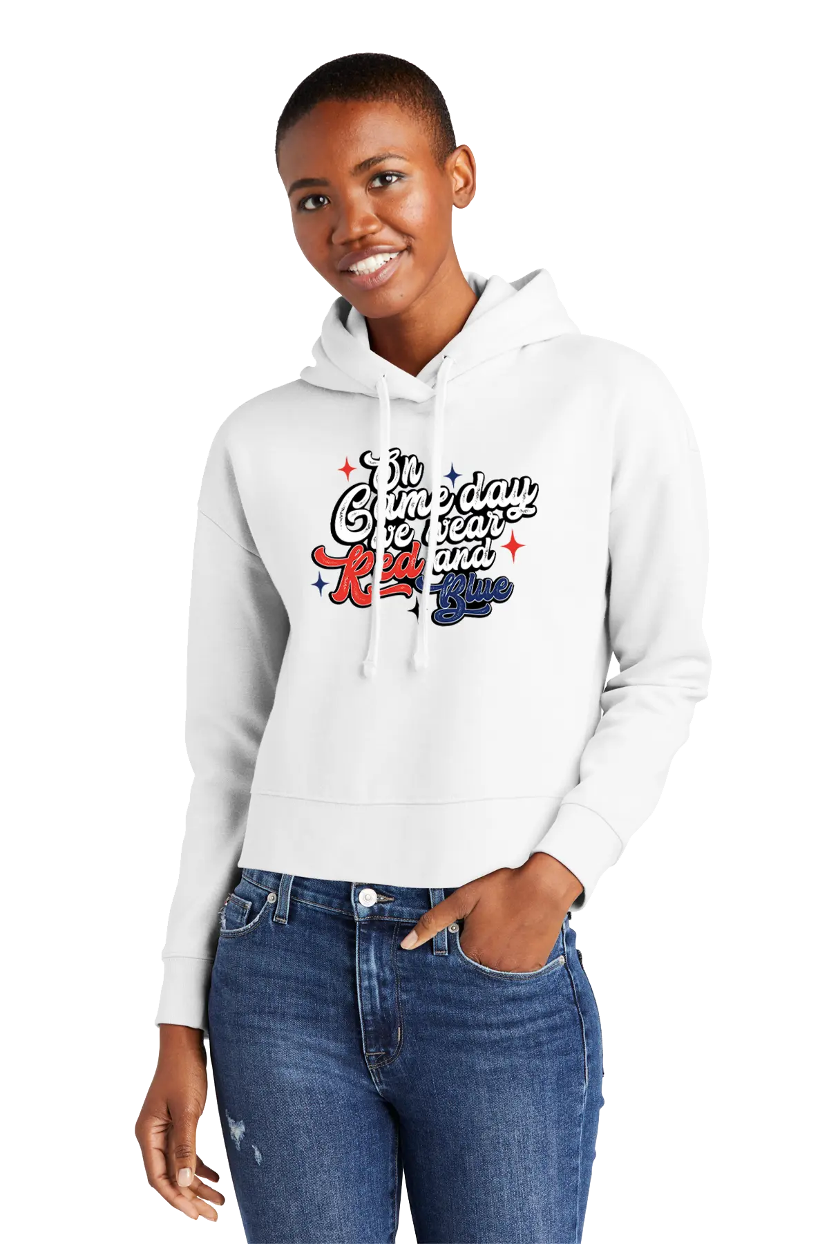 Person wearing a white hoodie with text and graphics, standing against a white background. Paper Street Print Co, Blairstown, NJ.