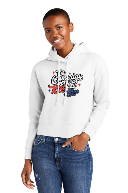 Person wearing a white hoodie with text and graphics, standing against a white background. Paper Street Print Co, Blairstown, NJ.