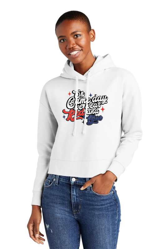 Person wearing a white hoodie with text and graphics, standing against a white background. Paper Street Print Co, Blairstown, NJ.