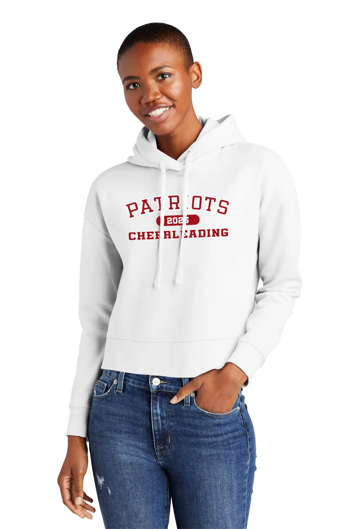 Woman wearing a white hoodie with 'Patriots Cheerleading' text on a white background. Paper Street Print Co, Blairstown, NJ. 