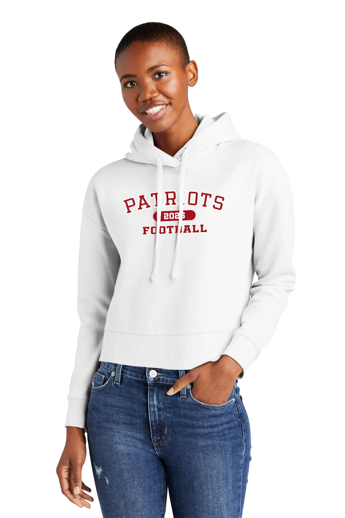 Woman wearing a white hoodie with 'Patriots Football' text on a white background. Paper Street Print Co, Blairstown, NJ.