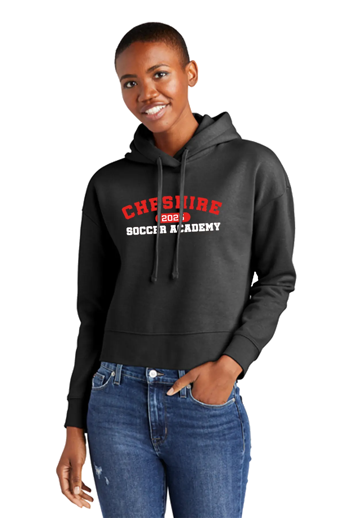 Person wearing a black hoodie with 'Cheshire Soccer Academy' text on a white background. Paper Street Print Co, Blairstown, NJ.