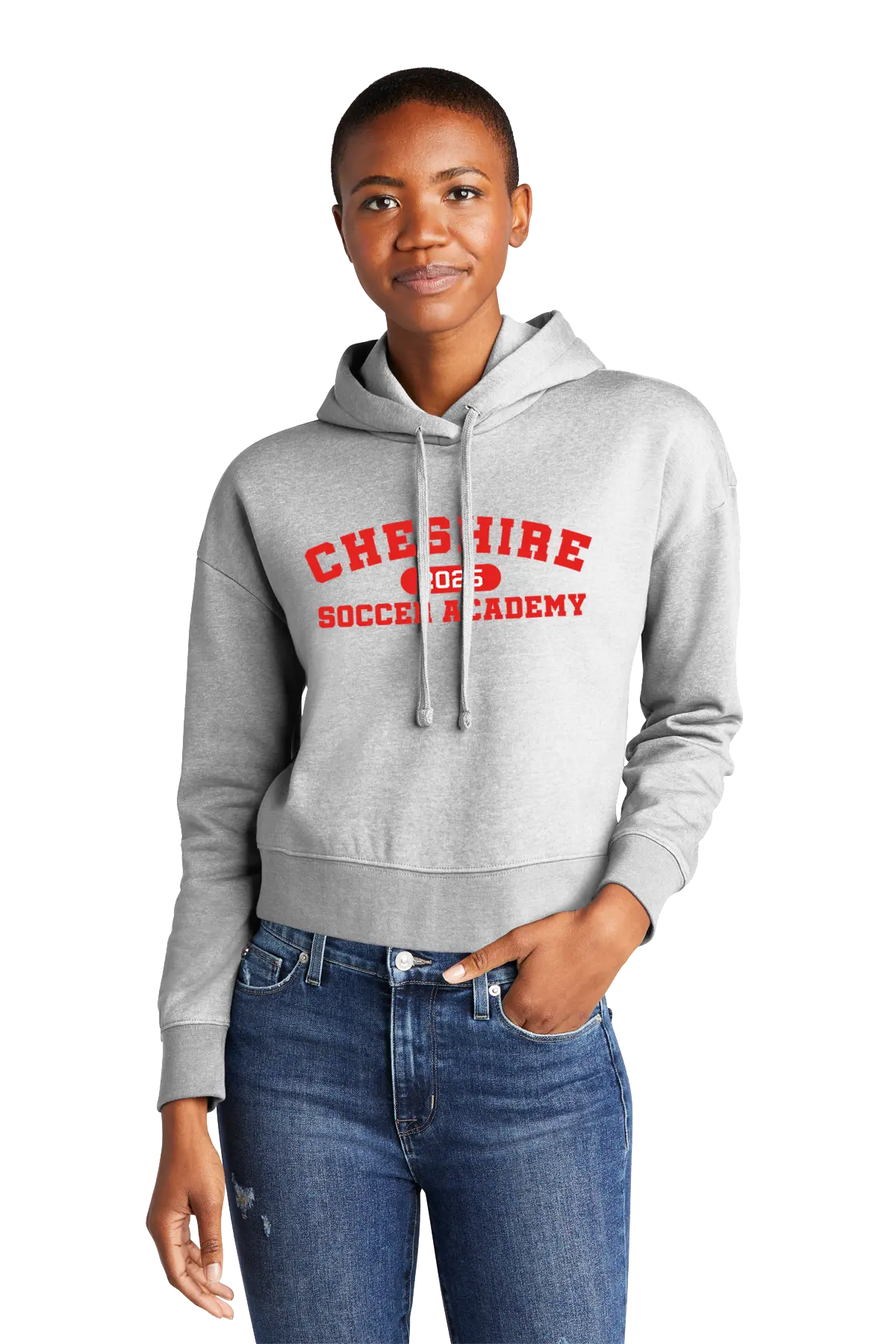 Person wearing a gray hoodie with red text and blue jeans on a white background. Paper Street Print Co, Blairstown, NJ.