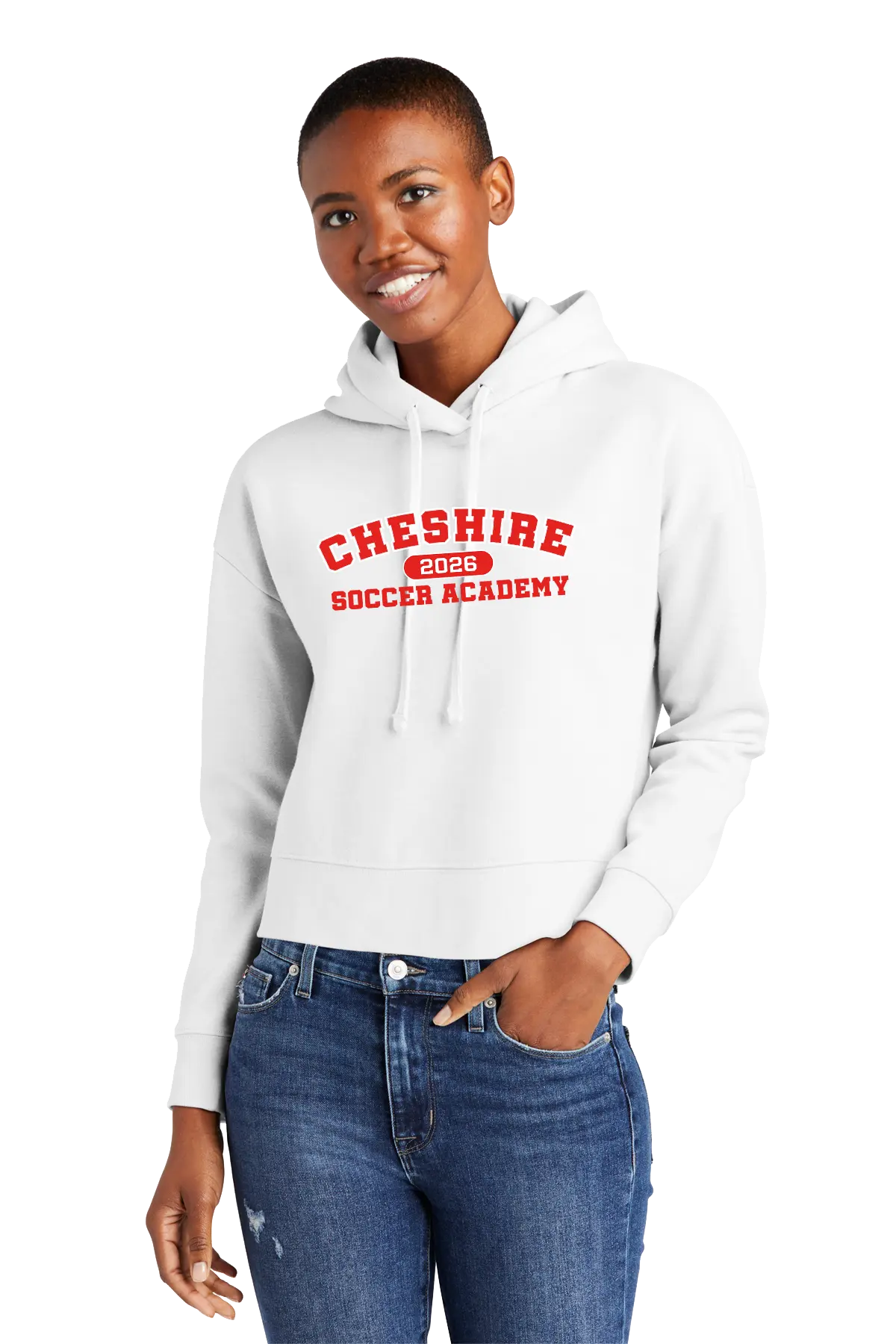 Person wearing a white hoodie with 'Cheshire Soccer Academy' text, standing against a white background. Paper Street Print Co, Blairstown, NJ.