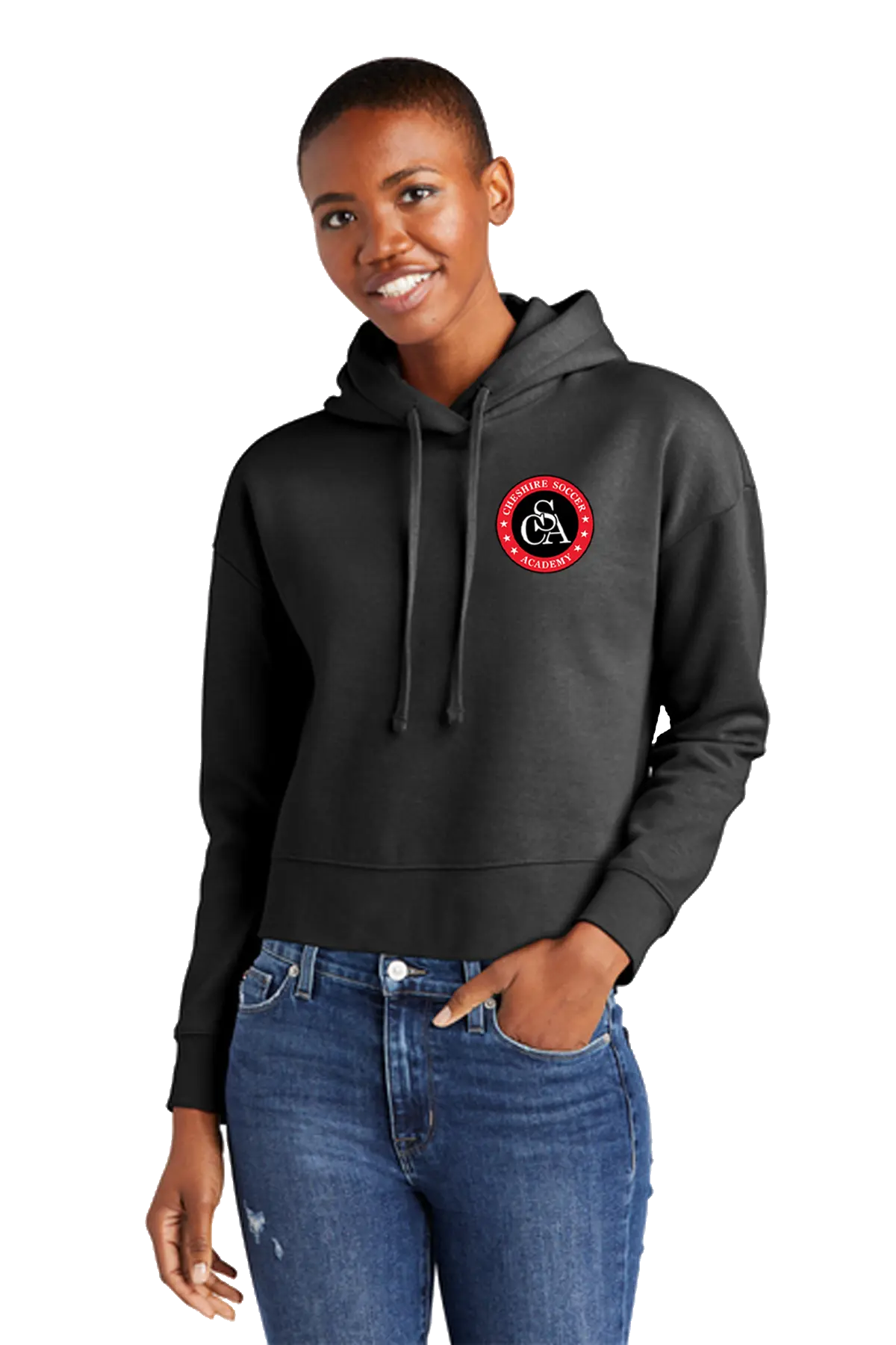 Person wearing a black hoodie with a red and white logo on a white background. Paper Street Print Co, Blairstown, NJ.