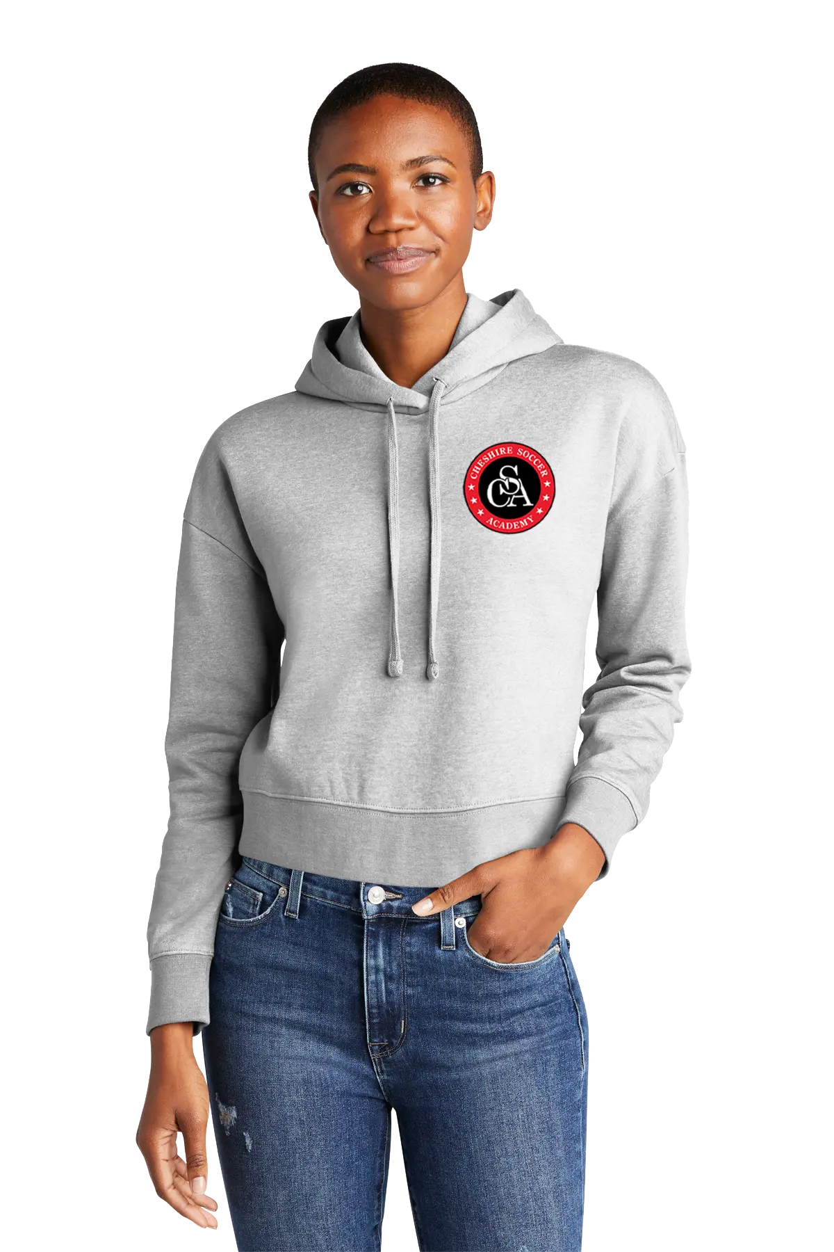 Person wearing a gray hoodie with a logo on a white background. Paper Street Print Co, Blairstown, NJ.
