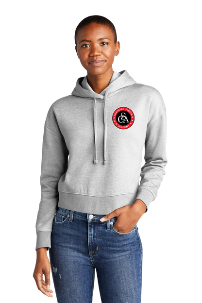 Person wearing a gray hoodie with a logo on a white background. Paper Street Print Co, Blairstown, NJ.