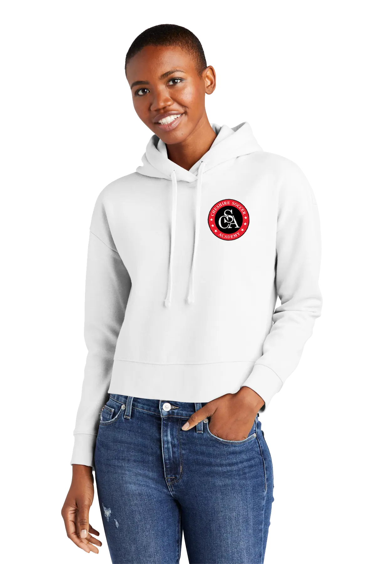 Woman wearing a white hoodie with a logo on a white background. Paper Street Print Co, Blairstown, NJ.