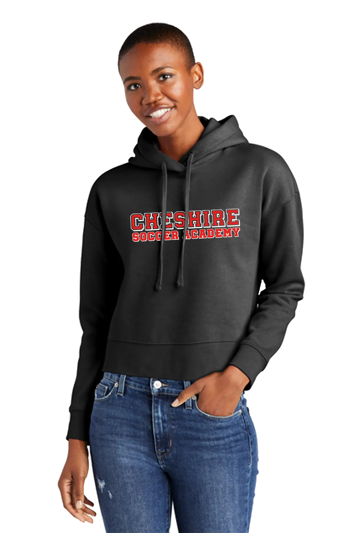 Person wearing a black hoodie with 'Cheshire Country Academy' text on a white background. Paper Street Print Co, Blairstown, NJ.