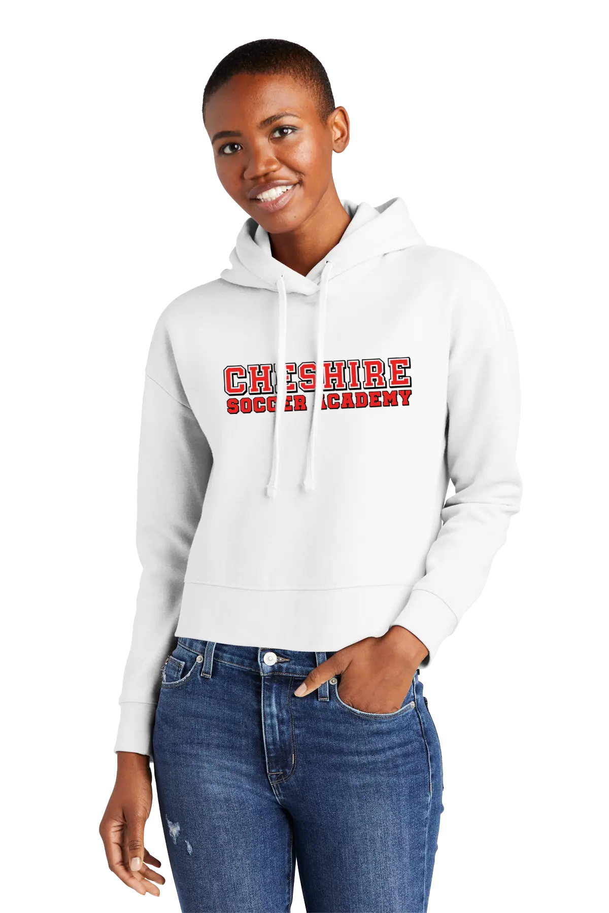 Person wearing a white hoodie with 'Cheshire Country Academy' text on a white background. Paper Street Print Co, Blairstown, NJ.