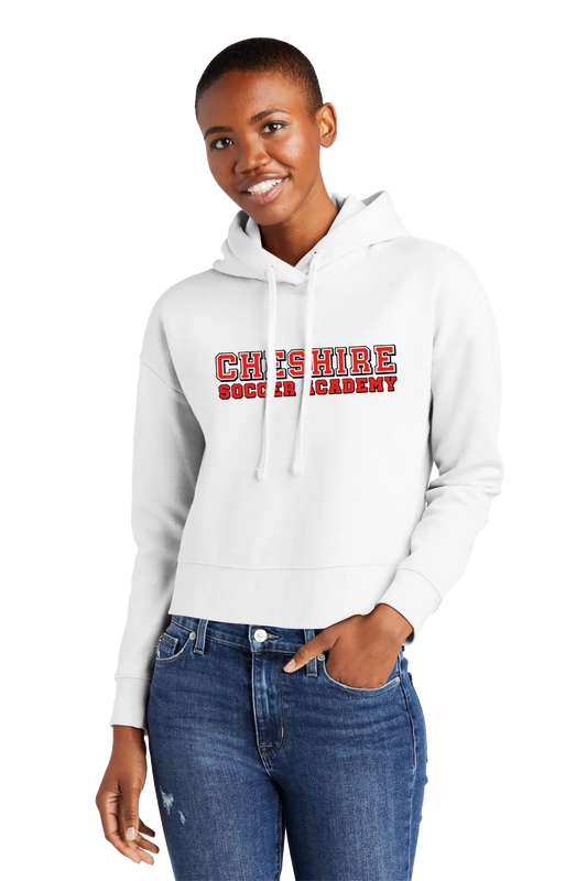 Person wearing a white hoodie with 'Cheshire Country Academy' text on a white background. Paper Street Print Co, Blairstown, NJ.
