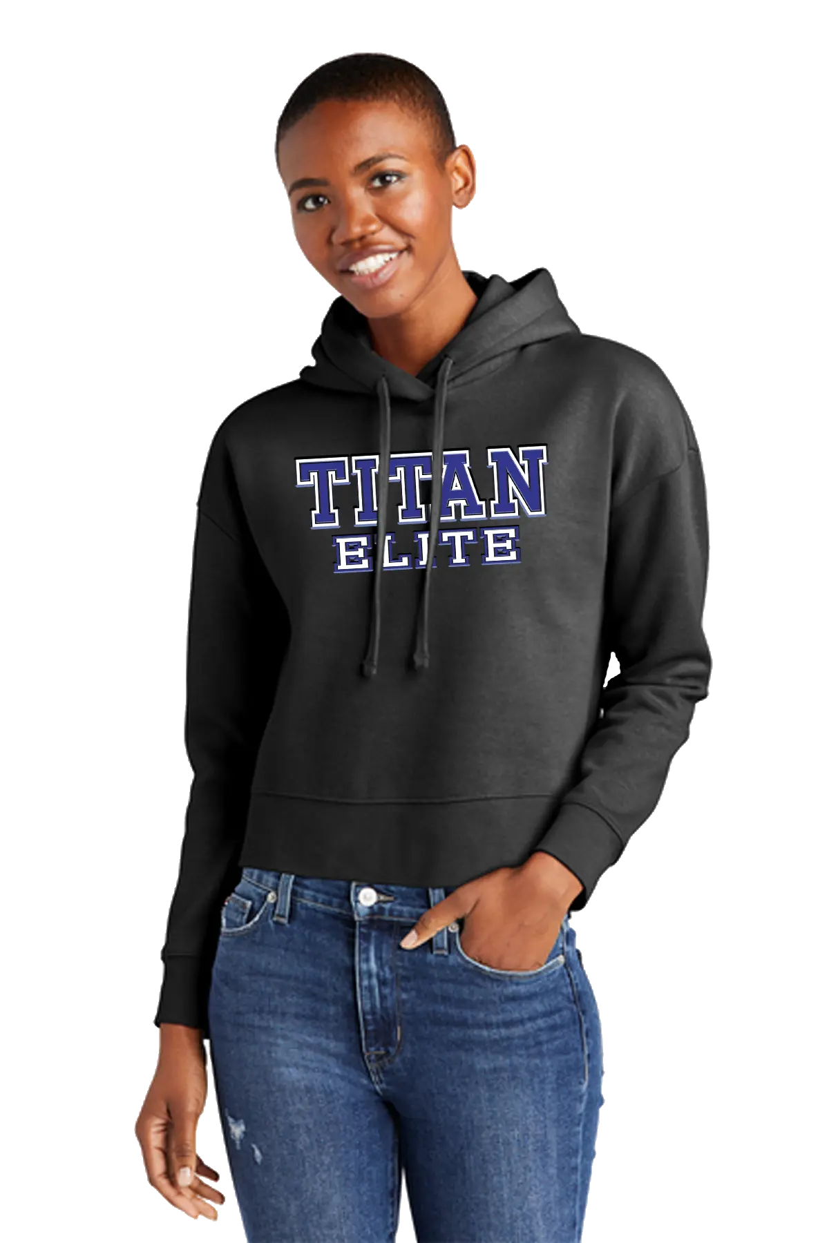Person wearing a black hoodie with 'TITAN ELITE' text on a white background. Paper Street Print Co, Blairstown, NJ.