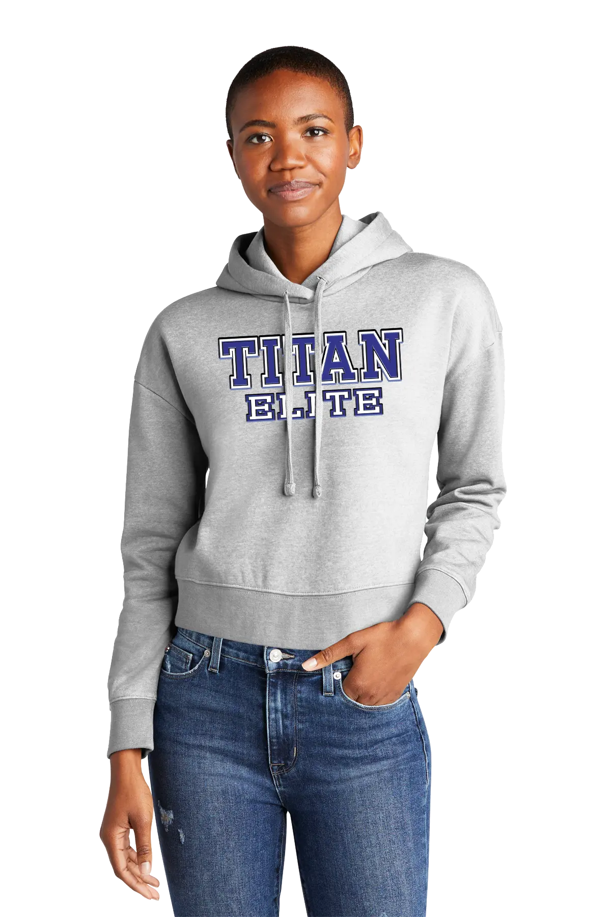 Person wearing a gray hoodie with 'TITAN ELITE' text on a white background. Paper Street Print Co, Blairstown, NJ.
