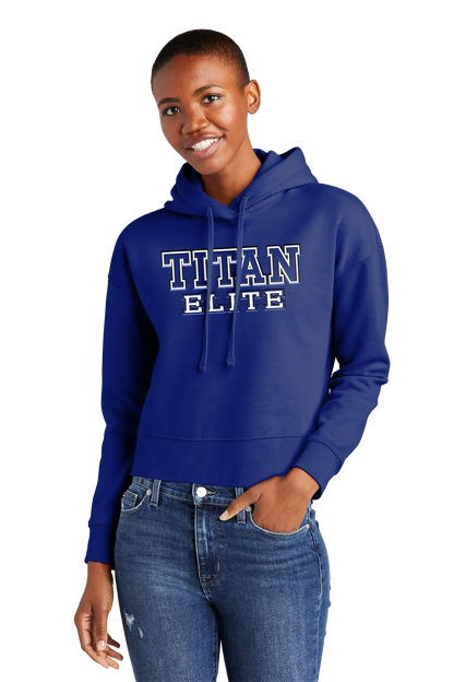 Person wearing a blue 'TITAN ELITE' hoodie on a white background. Paper Street Print Co, Blairstown, NJ.