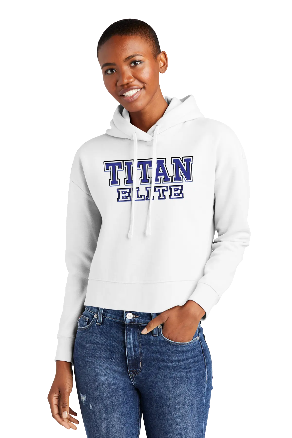 Person wearing a white hoodie with 'TITAN ELITE' text on a white background. Paper Street Print Co, Blairstown, NJ.