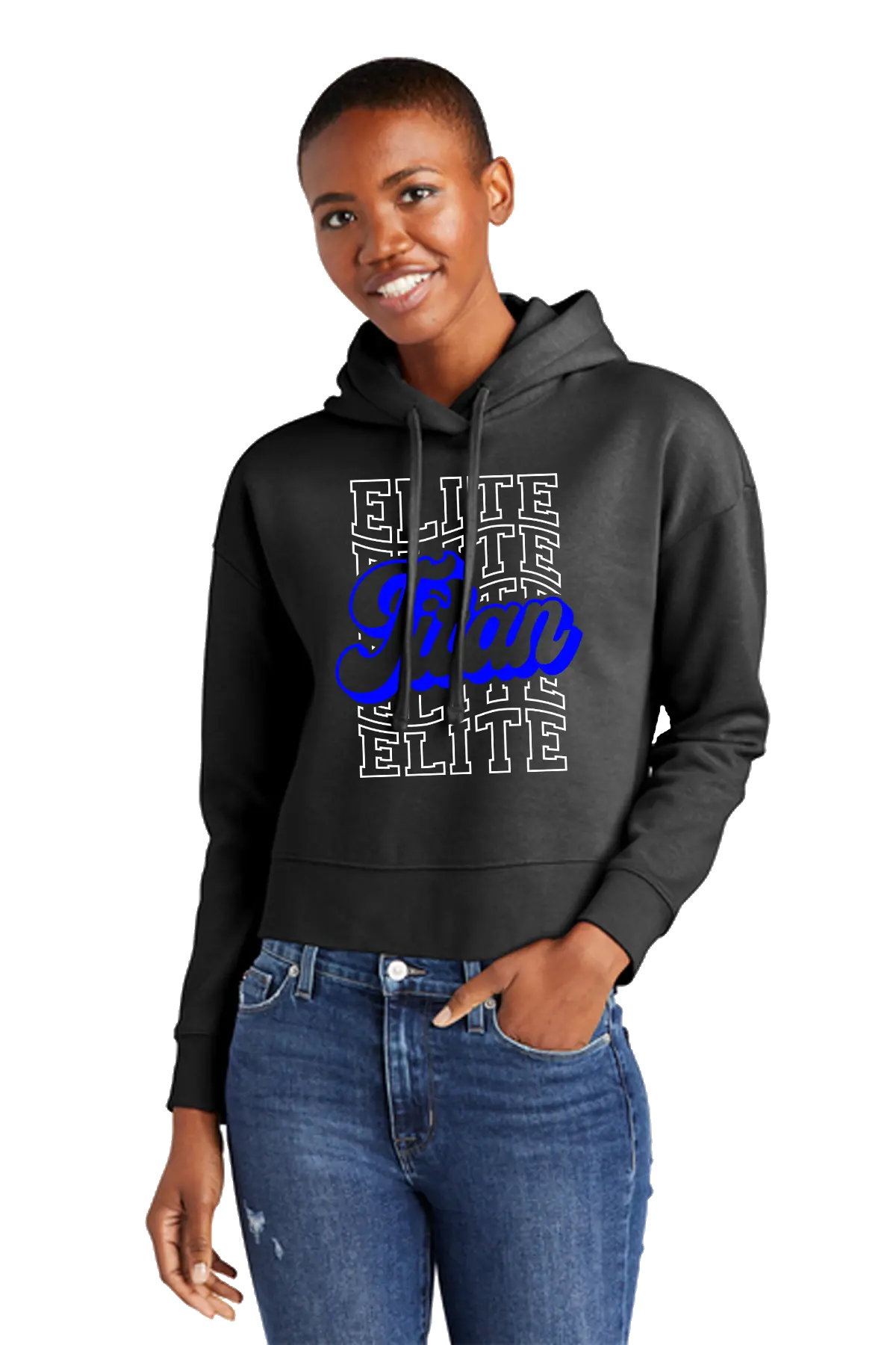 Person wearing a black hoodie with 'Elite' text in blue and white, standing against a white background. Paper Street Print Co, Blairstown, NJ.