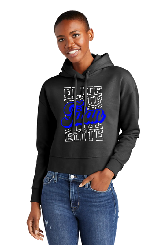 Person wearing a black hoodie with 'Elite' text in blue and white, standing against a white background. Paper Street Print Co, Blairstown, NJ.