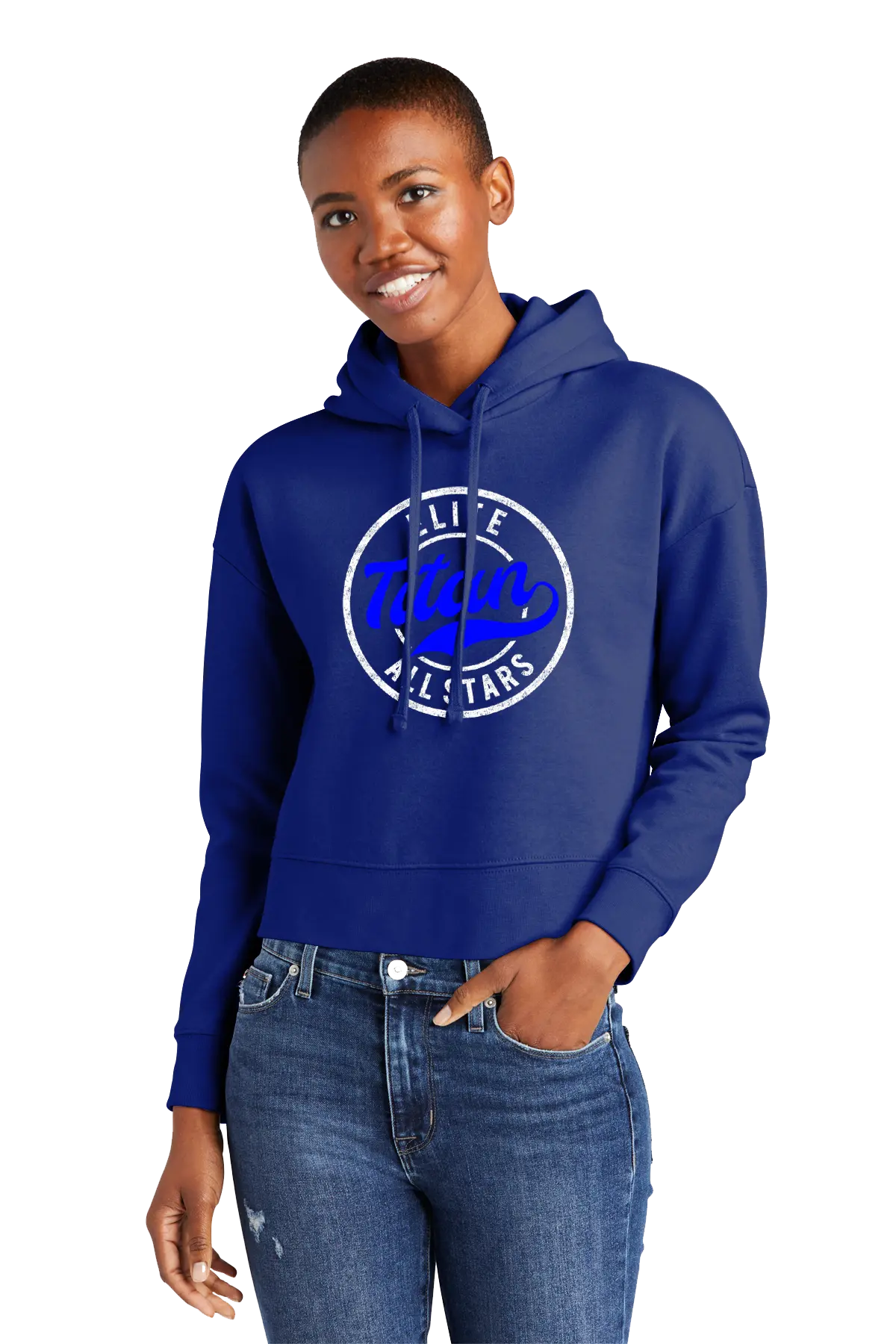Person wearing a blue hoodie with a logo on a white background. Paper Street Print Co, Blairstown, NJ.
