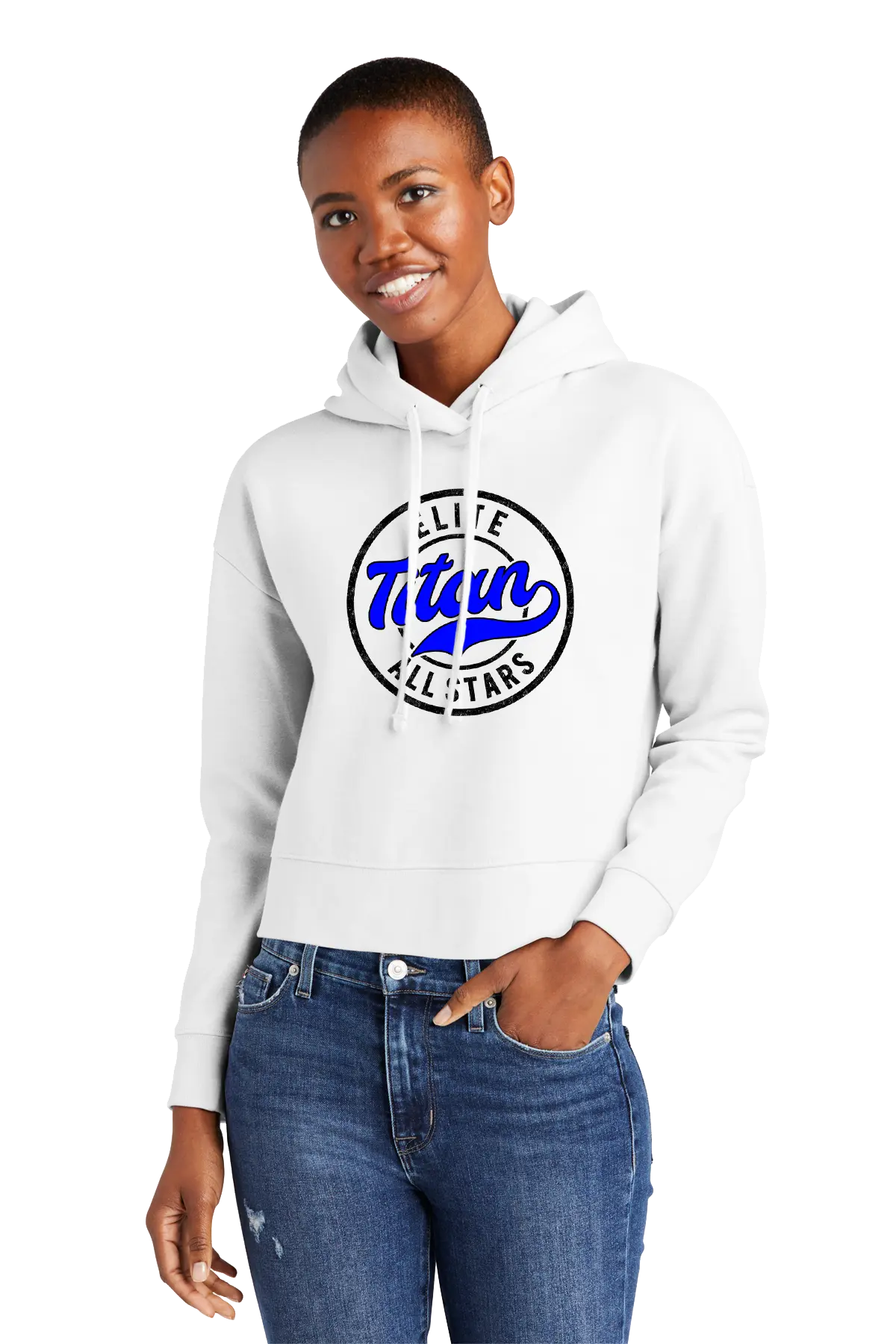 Person wearing a white hoodie with a blue and black logo on a white background. Paper Street Print Co, Blairstown, NJ.