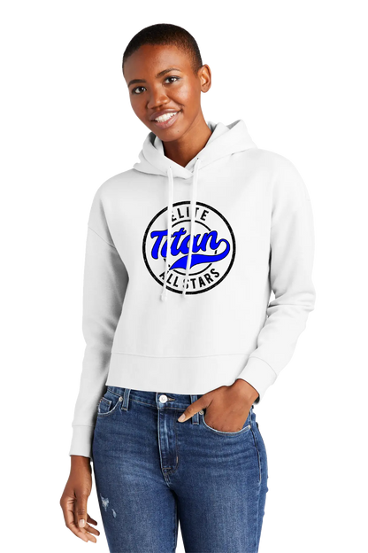 Person wearing a white hoodie with a blue and black logo on a white background. Paper Street Print Co, Blairstown, NJ.