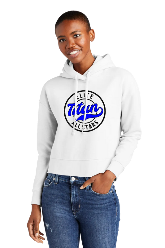 Person wearing a white hoodie with a blue and black logo on a white background. Paper Street Print Co, Blairstown, NJ.