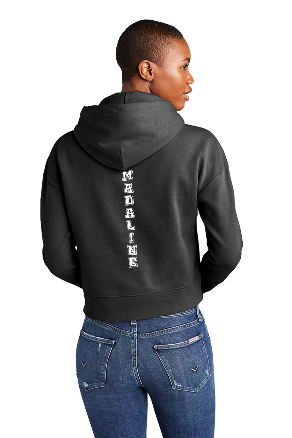 Person wearing a black hoodie with 'MADELINE' printed on the back, standing against a white background. Paper Street Print Co, Blairstown, NJ.