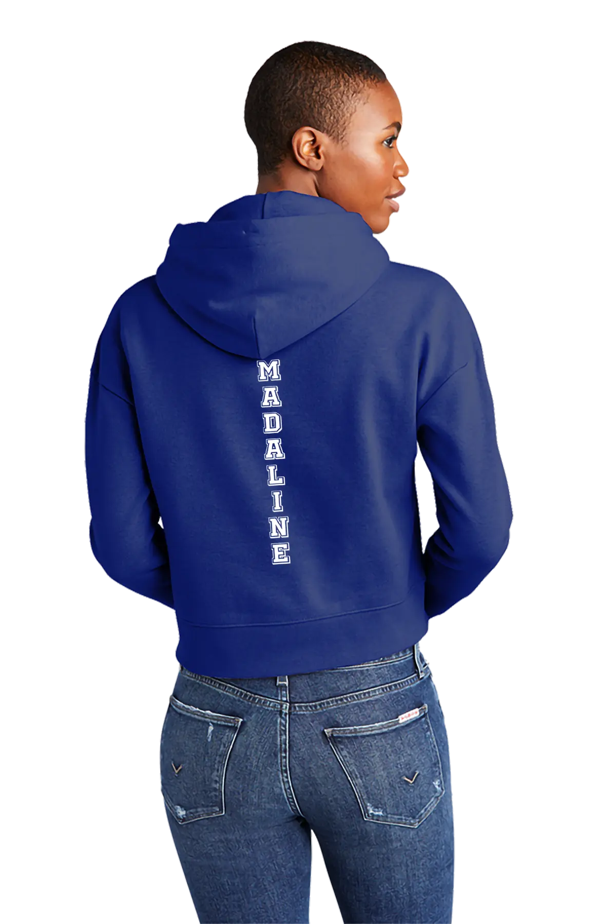 Person wearing a blue hoodie with 'MADELINE' printed on the back, standing against a white background. Paper Street Print Co, Blairstown, NJ.