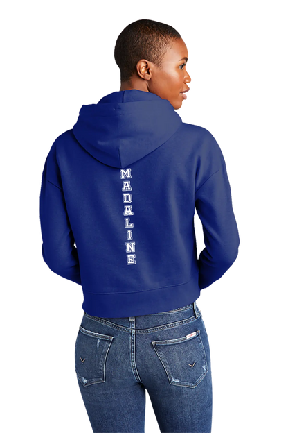 Person wearing a blue hoodie with 'MADELINE' printed on the back, standing against a white background. Paper Street Print Co, Blairstown, NJ.