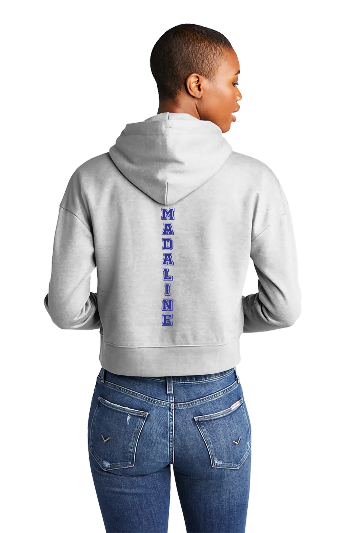 Person wearing a gray hoodie with 'MADELINE' on the back, standing against a white background. Paper Street Print Co, Blairstown, NJ.