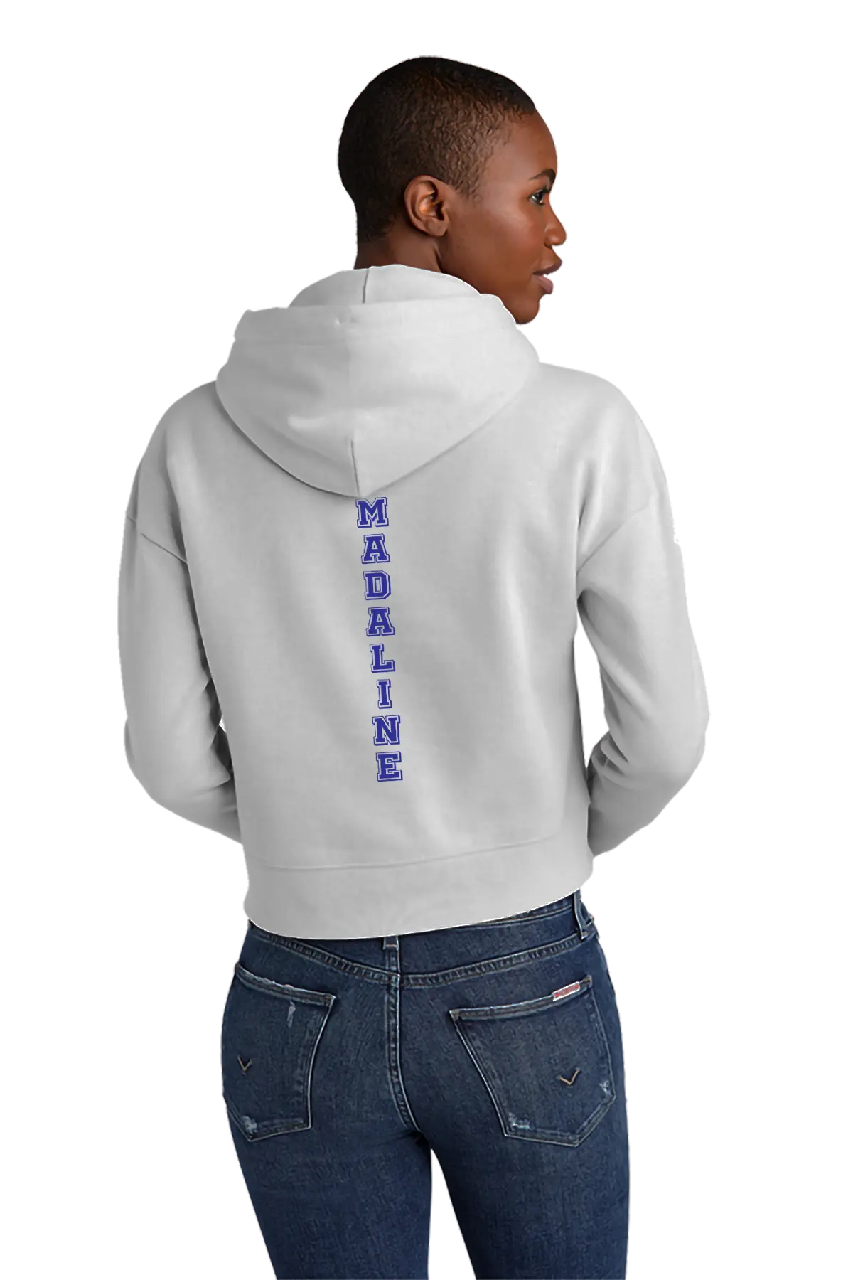 Person wearing a gray hoodie with 'MADALINE' printed on the back, standing against a white background. Paper Street Print Co, Blairstown, NJ.