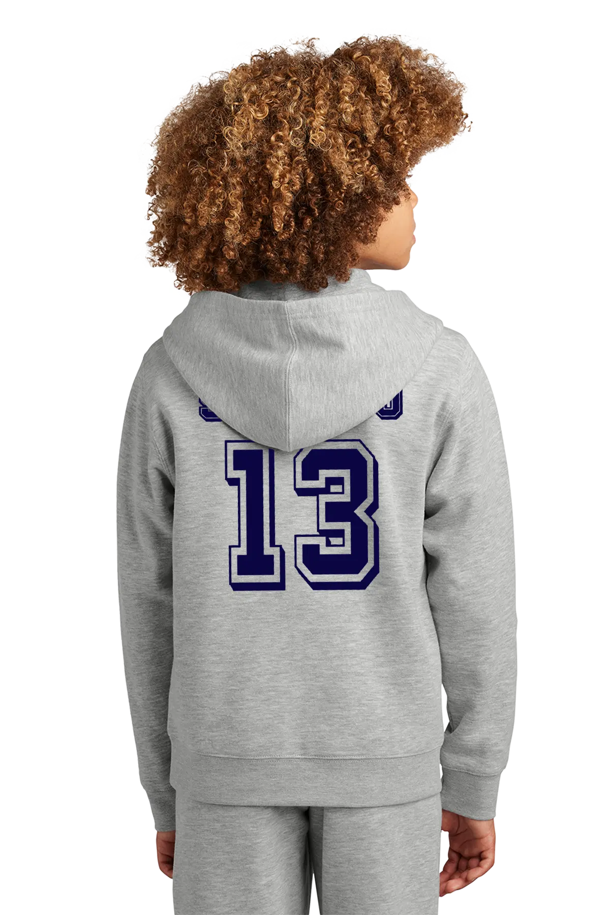 Child wearing a gray hoodie with number 13 on the back against a white background. Paper Street Print Co, Blairstown, NJ.
