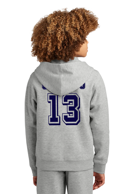 Child wearing a gray hoodie with number 13 on the back against a white background. Paper Street Print Co, Blairstown, NJ.