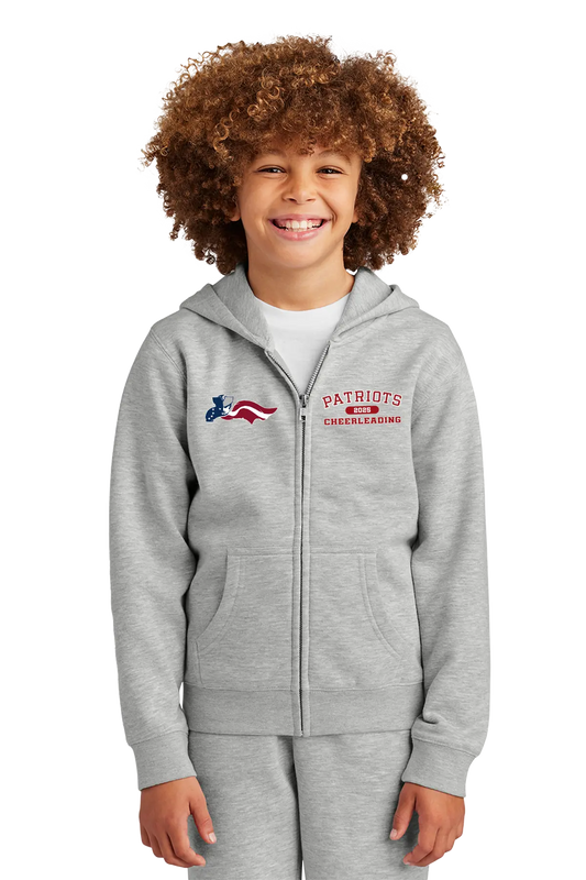 Child wearing a gray hoodie with 'Patriots Cheerleading' text and logo on a white background. Paper Street Print Co, Blairstown, NJ.