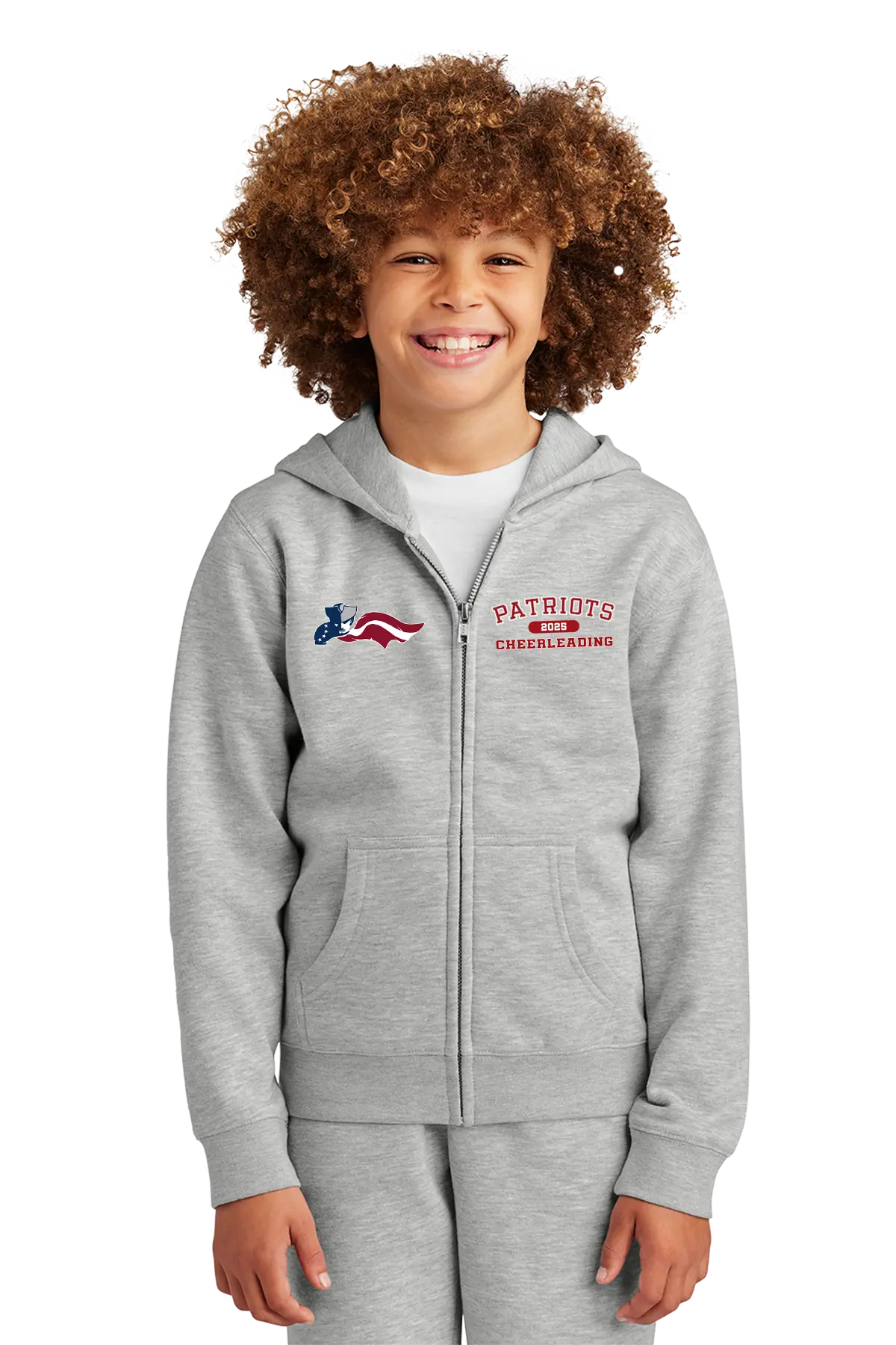 Child wearing a gray hoodie with 'Patriots Cheerleading' text and logo on a white background. Paper Street Print Co, Blairstown, NJ.