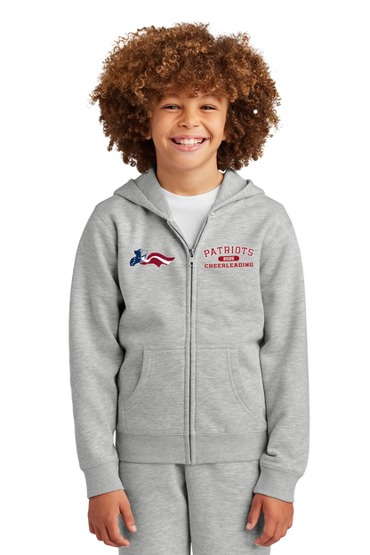 Child wearing a gray hoodie with 'Patriots Cheerleading' text and logo on a white background. Paper Street Print Co, Blairstown, NJ.