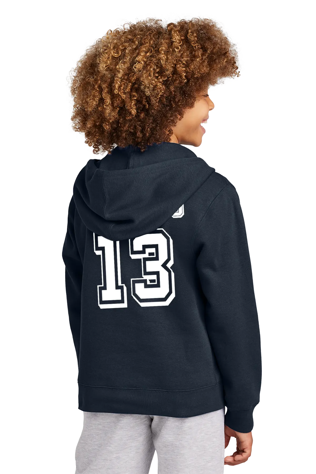 Person wearing a navy hoodie with the number 13 on the back, standing against a white background. Paper Street Print Co, Blairstown, NJ.