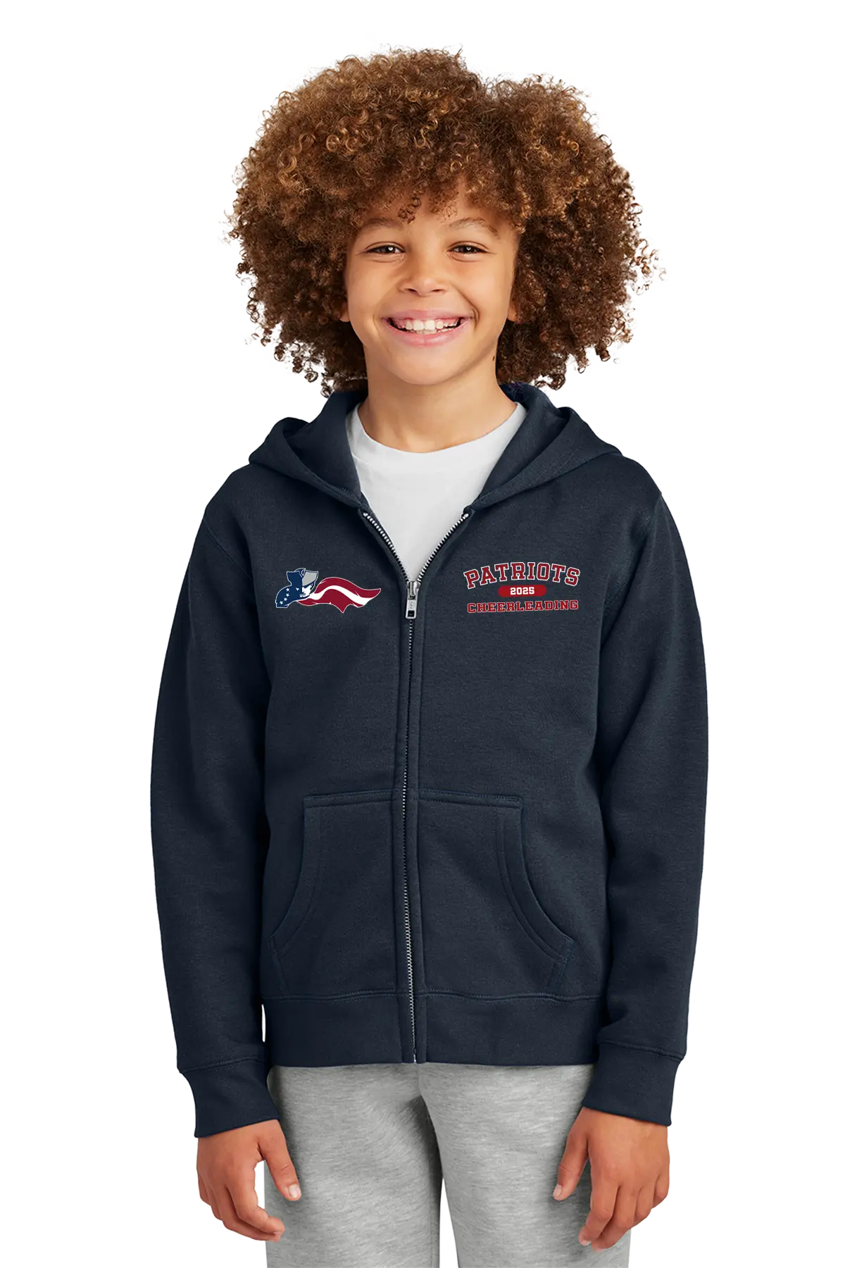 Child wearing a navy blue hoodie with a logo and text on a white background. Paper Street Print Co, Blairstown, NJ.