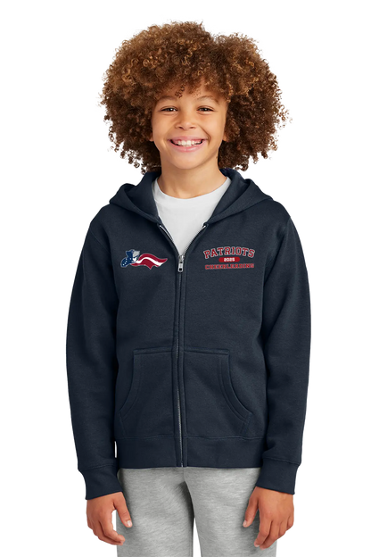 Child wearing a navy blue hoodie with a logo and text on a white background. Paper Street Print Co, Blairstown, NJ.
