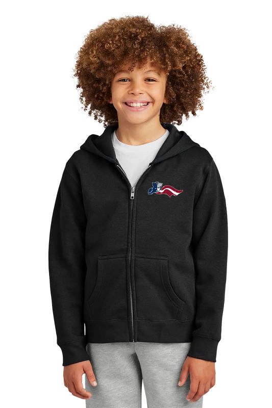 Child wearing a black hoodie with a logo on a white background. Paper Street Print Co, Blairstown, NJ.