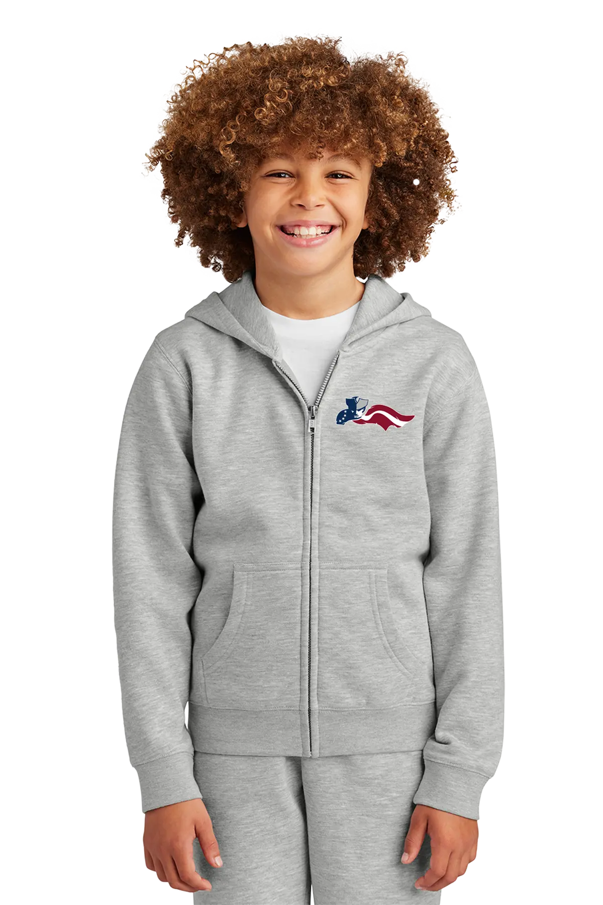 Child wearing a gray hoodie with an American flag design on a white background. Paper Street Print Co, Blairstown, NJ.