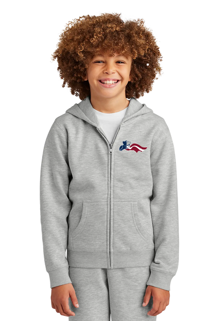 Child wearing a gray hoodie with an American flag design on a white background. Paper Street Print Co, Blairstown, NJ.