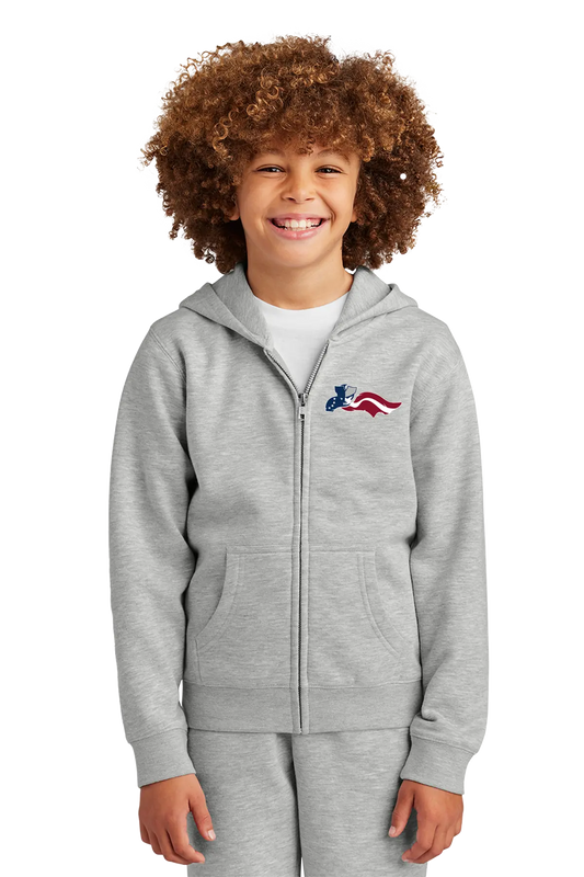 Child wearing a gray hoodie with an American flag design on a white background. Paper Street Print Co, Blairstown, NJ.